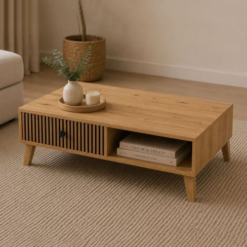 Tavolino da Salotto Marrone Rovere Nodi Nero 2 Cassetti Cassetti Effetto Rigato 102x67x32h cm, 2 Vani - Liparime