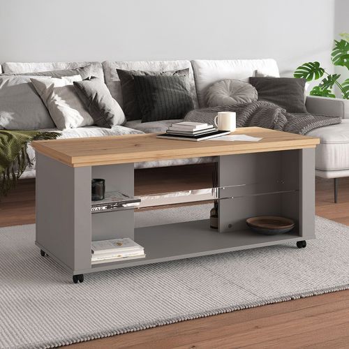 Tavolino da Salotto Marrone Rovere Nodi Nero Antracite 2 Vani Forma Rettangolare 114.5x50.5x49h cm, Colore Ripiano Marrone - Zeme