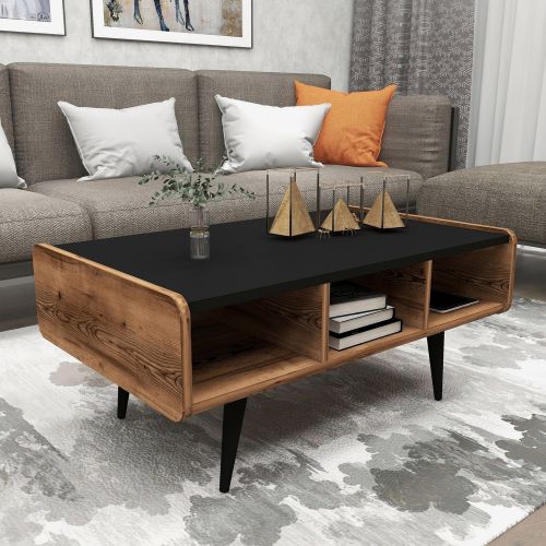 Tavolino da Salotto Marrone Rovere Nodi Nero con Piedini 3 Vani 90x56x40h cm, Forma Rettangolare - Mangone