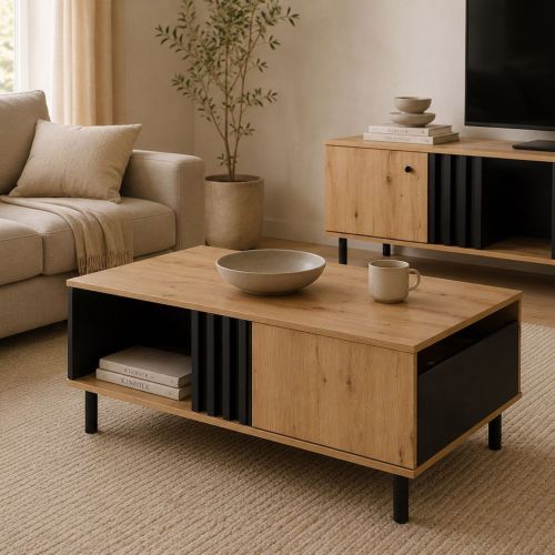 Tavolino da Salotto Marrone Rovere Nodi Nero un Cassetto con Piedini 100x60x4h cm, un Vano - Kasese
