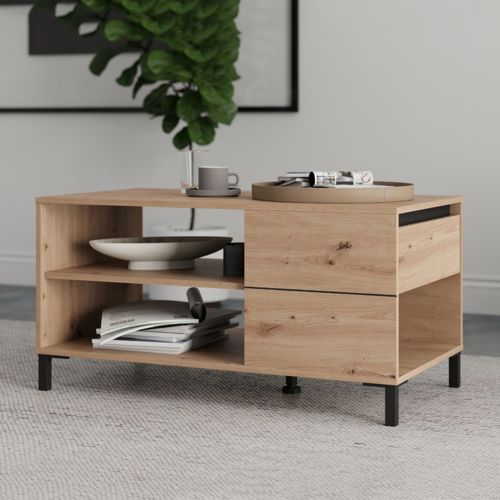 Tavolino da Salotto Marrone Rovere Nodi Nero un Cassetto con Piedini 102x55x52h cm, 3 Vani - Salentina