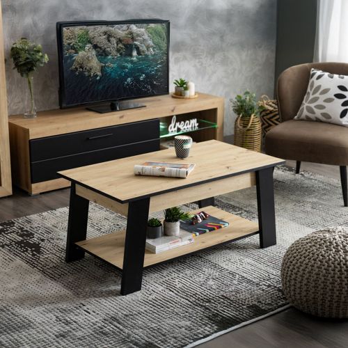 Tavolino da Salotto Marrone Rovere Nodi Nero un Vano Forma Rettangolare 101x54.5x46.5h cm, Colore Ripiano Marrone - Casaglia