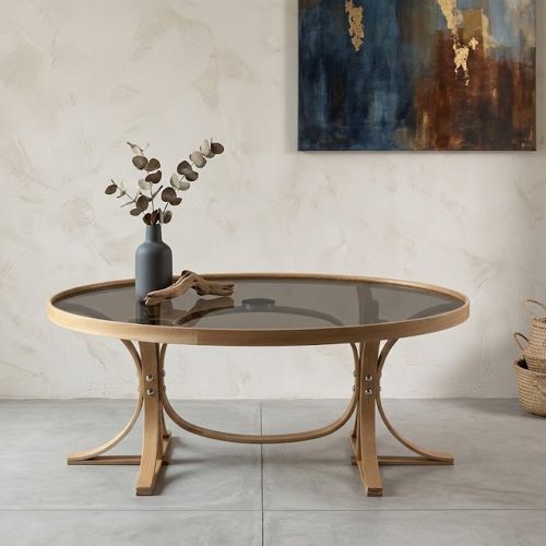 Tavolino da Salotto Marrone Rovere Piano in Vetro Temperato Forma Ovale 112x78x47h cm, Materiale Struttura in Vetro - Sommo