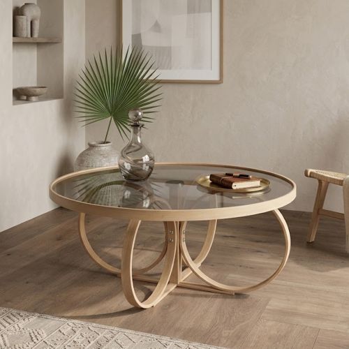 Tavolino da Salotto Marrone Rovere Piano in Vetro Temperato Forma Rotondo 100x100x47h cm, Materiale Struttura in Vetro - Gargallo