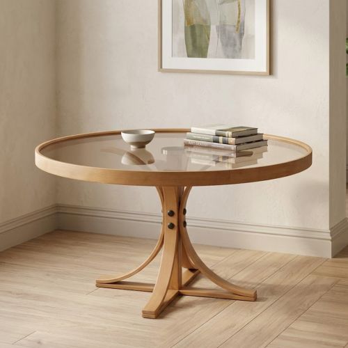 Tavolino da Salotto Marrone Rovere Piano in Vetro Temperato Forma Rotondo 80x80x47h cm, Materiale Struttura in Vetro - Santhia