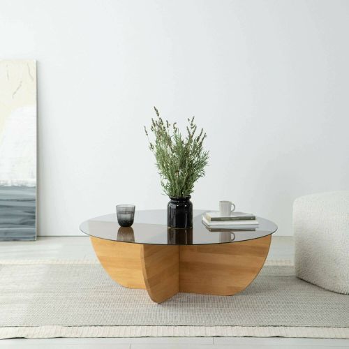 Tavolino da Salotto Marrone Rovere Portariviste Forma Rotonda 90x90x30h cm, Materiale Struttura in Vetro - Jolanda