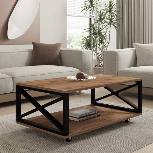 Tavolino da Salotto Marrone Rovere Scuro Nero con Ruote un Vano 98x60x34h cm, Forma Rettangolare - Lesegno