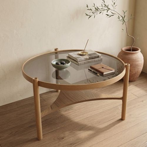 Tavolino da Salotto Marrone Rovere un Vano Piano in Vetro Temperato 100x100x46h cm, Forma Rotondo - Canterano