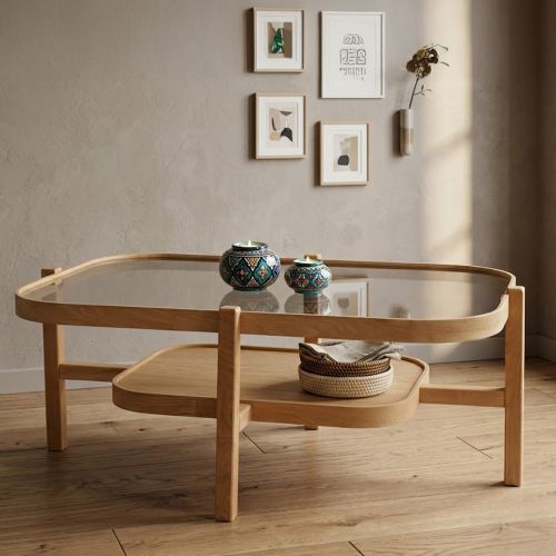 Tavolino da Salotto Marrone Rovere un Vano Piano in Vetro Temperato 110x70x48h cm, Forma Rettangolare - Sorbolo