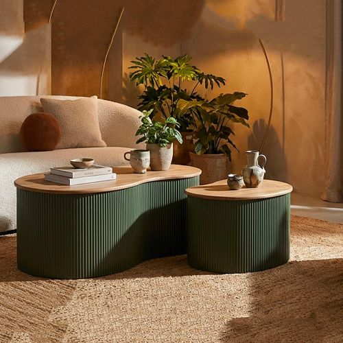 Tavolino da Salotto Marrone Rovere Verde set da 2 Colore Ripiano Marrone 37x58x92h cm, Materiale Struttura in Metallo - Kashan