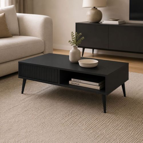 Tavolino da Salotto Nero 2 Cassetti con Piedini Effetto Rigato 102x67x35h cm, un Vano - Lipa