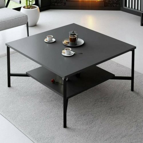 Tavolino da Salotto Nero Antracite Nero Piedini Neri un Vano 80x80x40h cm, Forma Quadrata - Mia