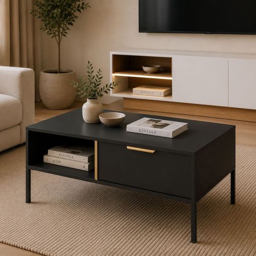 Tavolino da Salotto Nero Antracite oro 2 Cassetti con Piedini 97x60x44h cm, un Vano - Karo