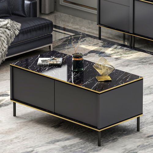 Tavolino da Salotto Nero Antracite oro con Piedini un Vano 90x45x40h cm, Piano Sollevabile - Zerbolo