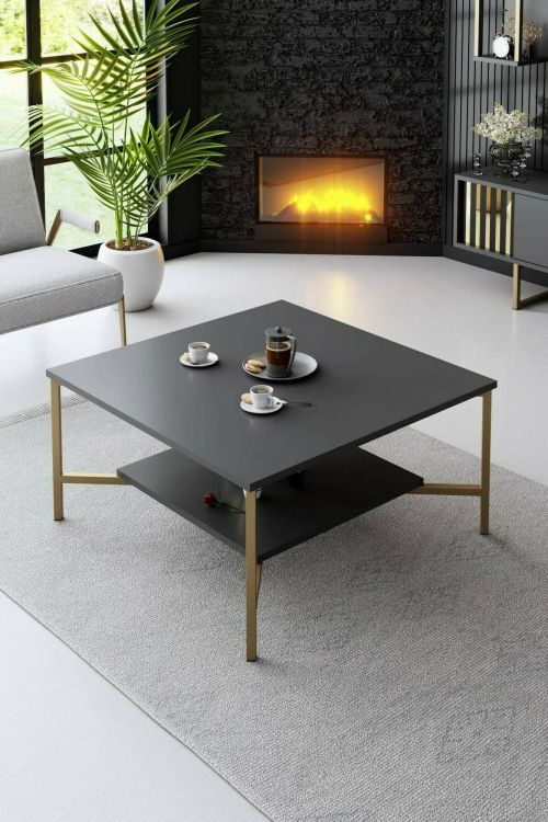 Tavolino da Salotto Nero Antracite oro Piedini oro un Vano 80x80x40h cm, Forma Quadrata - Alshain