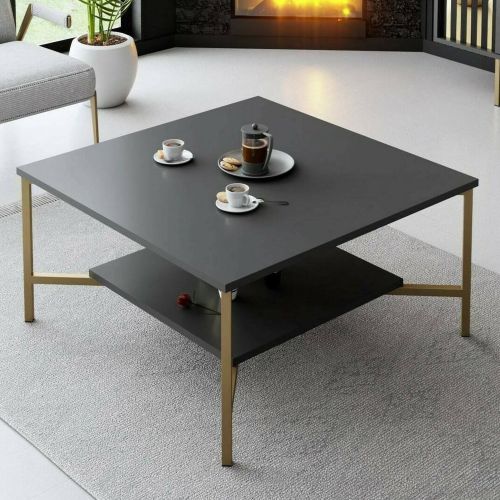 Tavolino da Salotto Nero Antracite oro Piedini oro un Vano 80x80x40h cm, Forma Quadrata - Mia