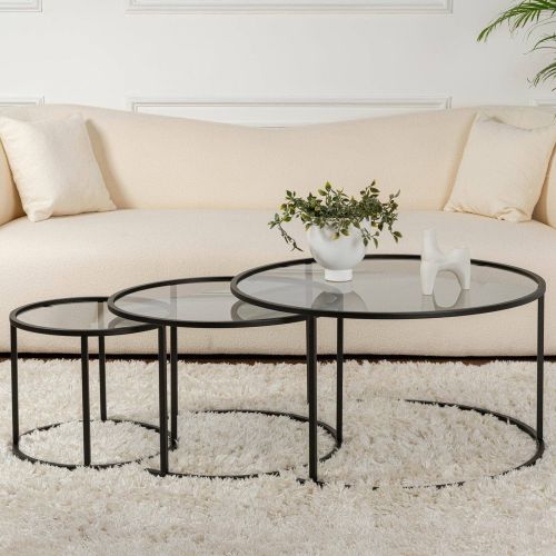 Tavolino da Salotto Nero Forma Circolare Materiale Piano in Vetro 80x80x43h cm, Colore Ripiano Trasparente - Rowan