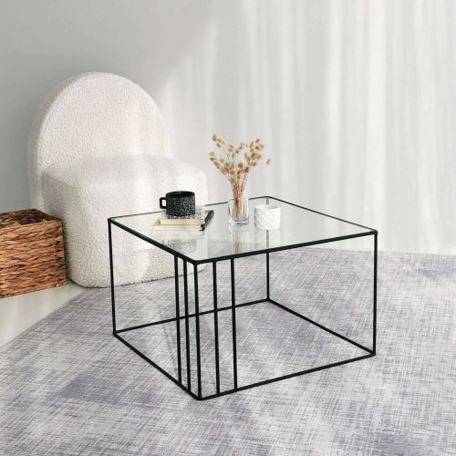 Tavolino da Salotto Nero Forma Quadrata Materiale Piano in Vetro 55x55x36h cm, Colore Ripiano Trasparente - Giacinta