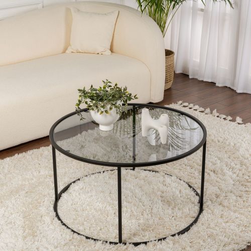 Tavolino da Salotto Nero Forma Rotondo Materiale Piano in Vetro 80x80x43h cm, Colore Ripiano Trasparente - Moena