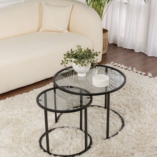 Tavolino da Salotto Nero Modulabile Forma Rotondo 42x42x39h cm, Sfumatura Colore Ripiano Fume - Vetusto