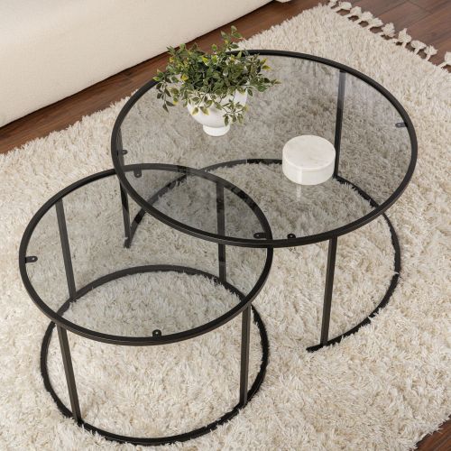 Tavolino da Salotto Nero Modulabile Forma Rotondo 60x60x39h cm, Sfumatura Colore Ripiano Fume - Lambrugo