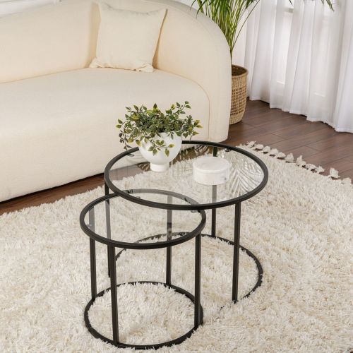 Tavolino da Salotto Nero Modulabile Forma Rotondo 60x60x43h cm, Materiale Piano in Vetro - Simaxis