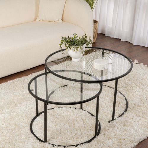Tavolino da Salotto Nero Modulabile Forma Rotondo 80x80x43h cm, Materiale Piano in Vetro - Telti