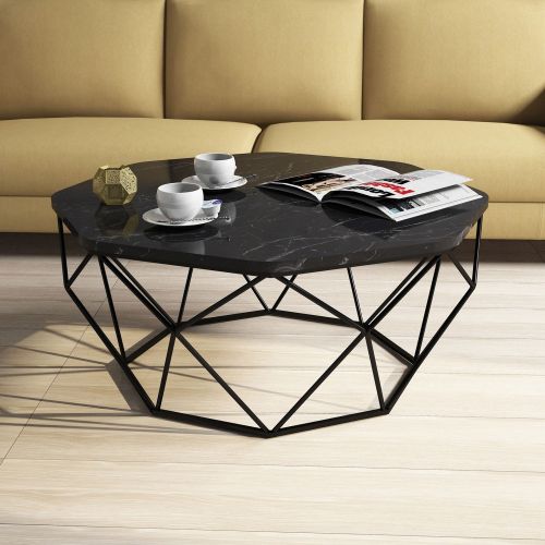 Tavolino da Salotto Nero Nero Marmo Forma Ottagonale Materiale Piano in Legno Nobilitato 90x90x38h cm, Colore Ripiano Nero - Coazzolo