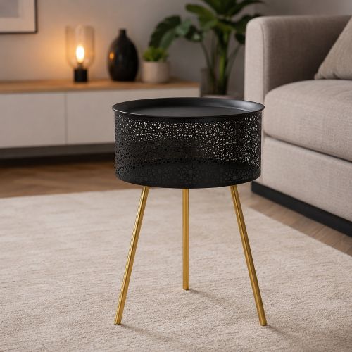 Tavolino da Salotto Nero oro Contenitore un Vano 35x35x50h cm, Piano Sollevabile - Mukall