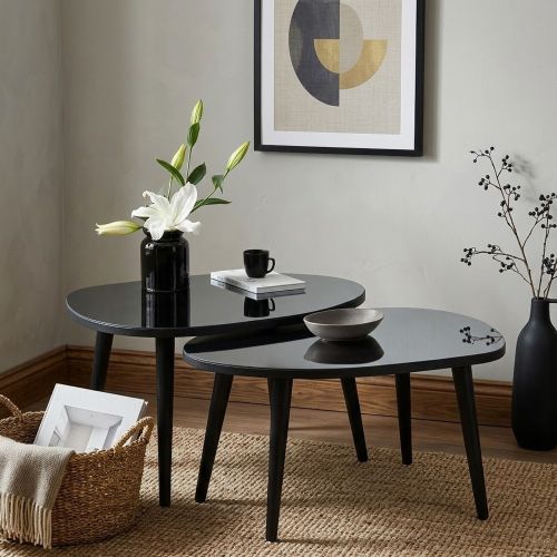 Tavolino da Salotto Nero Piano in Vetro Temperato Forma Ovale 75x55x38h cm, Sfumatura Colore Ripiano Fume - Cassiano