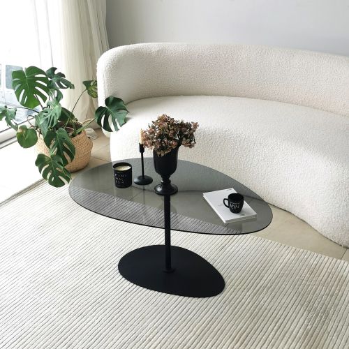 Tavolino da Salotto Nero Piano in Vetro Temperato Forma Ovale 90x60x40h cm, Sfumatura Colore Ripiano Fume - Tremiti