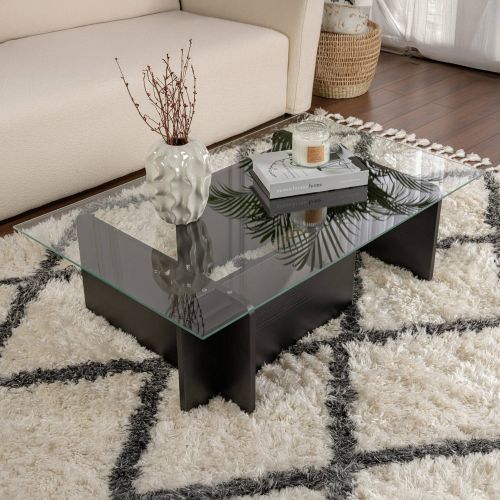 Tavolino da Salotto Nero Portariviste Forma Rettangolare 105x65x30h cm, Materiale Piano in Vetro - Kallias