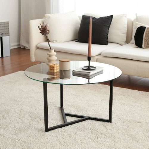 Tavolino da Salotto Nero Portariviste Forma Rotonda 75x75x42h cm, Materiale Piano in Vetro - Esperia