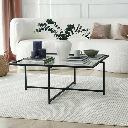 Tavolino da Salotto Nero Resistente All'appannamento Forma Quadrata 85x85x35h cm, Materiale Piano in Vetro - Mascate