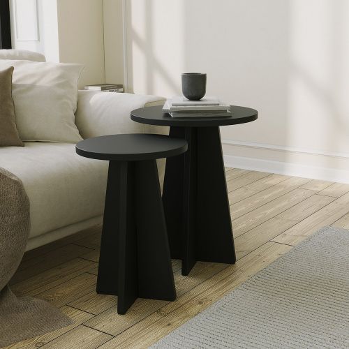Tavolino da Salotto Nero set 2 Pezzi Forma Rotondo 40x40x50h cm, Materiale Piano in Legno Nobilitato - Dorina