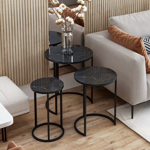 Tavolino da Salotto Nero set 3 Pezzi Forma Rotondo 50x50x58h cm, Materiale Piano in Legno Nobilitato - Daiano