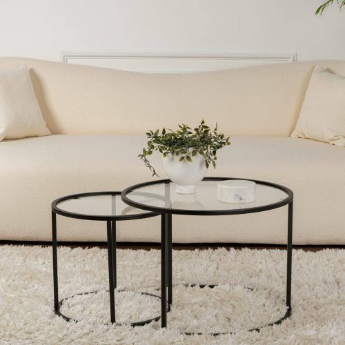 Tavolino da Salotto Nero set di 2 Tavolini Forma Rotondo 60x60x43h cm, Materiale Piano in Vetro - Xaden