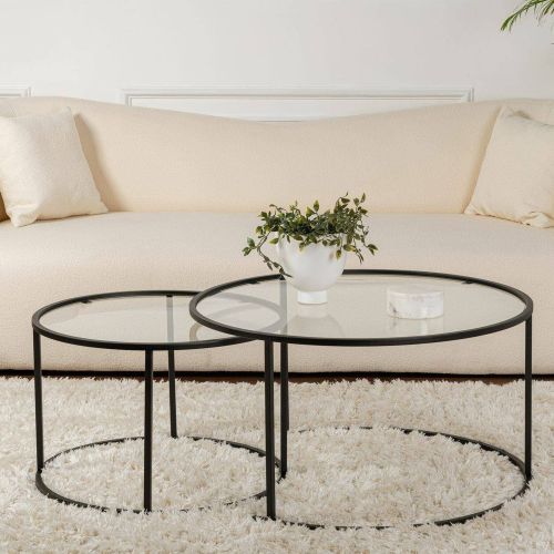 Tavolino da Salotto Nero set di 2 Tavolini Peso Massimo Supportato 10 kg Forma Rotonda 80x80x43h cm, Materiale Piano in Vetro - Aedion