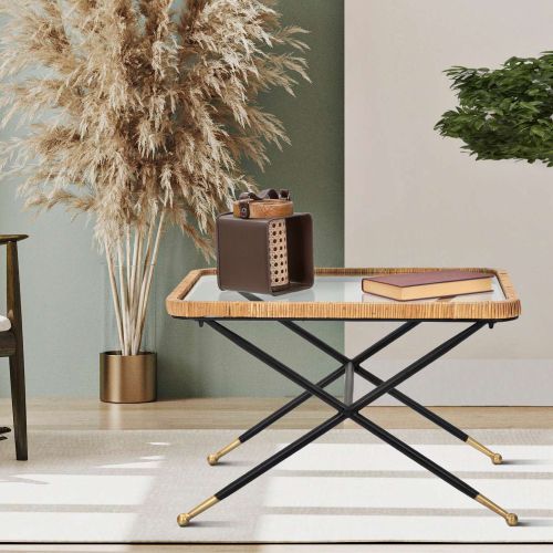 Tavolino da Salotto Nero Trasparente Dettaglio Effetto Rattan Forma Rettangolare 70x50x45h cm, Colore Ripiano Trasparente - Trat
