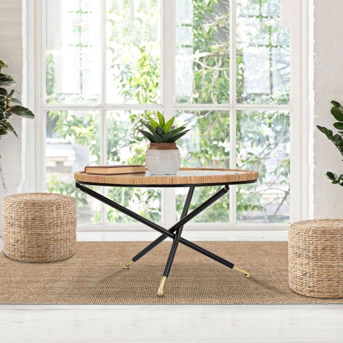 Tavolino da Salotto Nero Trasparente Dettaglio Effetto Rattan Forma Rotondo 80x80x47h cm, Colore Ripiano Trasparente - Langka