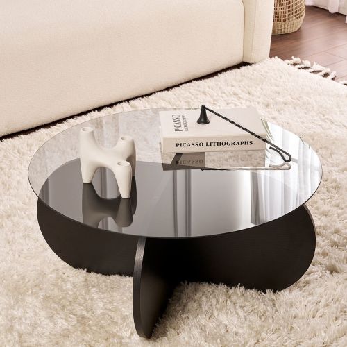 Tavolino da Salotto Nero Trasparente Forma Rotondo Colore Ripiano Trasparente 75x75x35h cm, Materiale Struttura in Vetro - Cugnoli