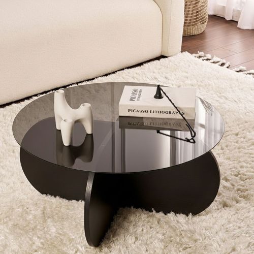 Tavolino da Salotto Nero Trasparente Fume Forma Rotondo Colore Ripiano Trasparente 75x75x35h cm, Materiale Struttura in Vetro - Cugnoli