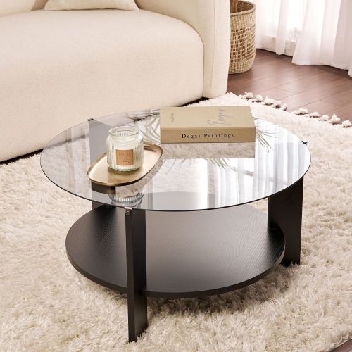 Tavolino da Salotto Nero Trasparente Fume Forma Rotondo Colore Ripiano Trasparente 75x75x40h cm, Materiale Struttura in Vetro - Canevino