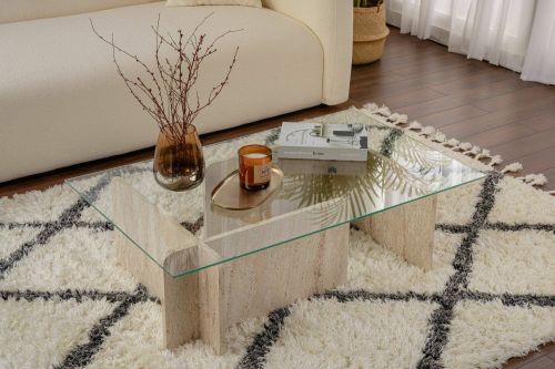 Tavolino da salotto Nuragus, Tavolo basso da caffè, Portariviste per divano, Ripiano da soggiorno, 105x65 h30 cm, Beige e Marmo