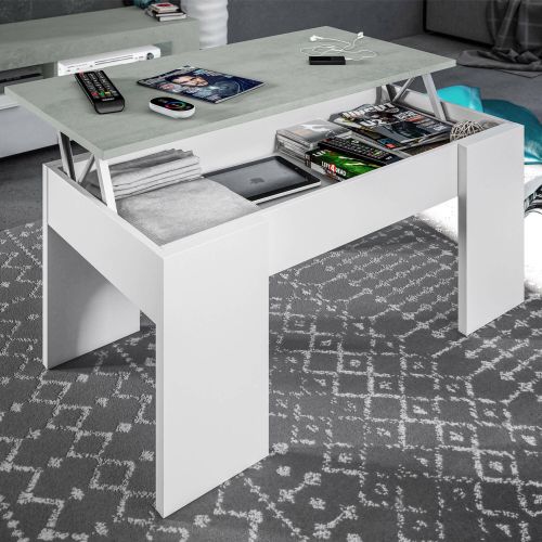 Tavolino da salotto Oceanside, Tavolino da caffè con piano elevabile, Tavolo basso da soggiorno, 100x50h45-56 cm, Bianco e cemento