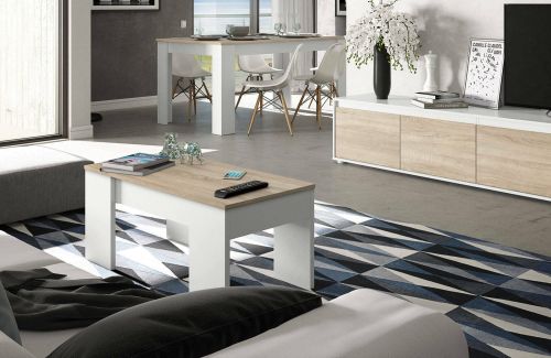 Tavolino da salotto Oceanside, Tavolino da caffè con piano elevabile, Tavolo basso da soggiorno, 100x50h45-56 cm, Bianco e Rovere