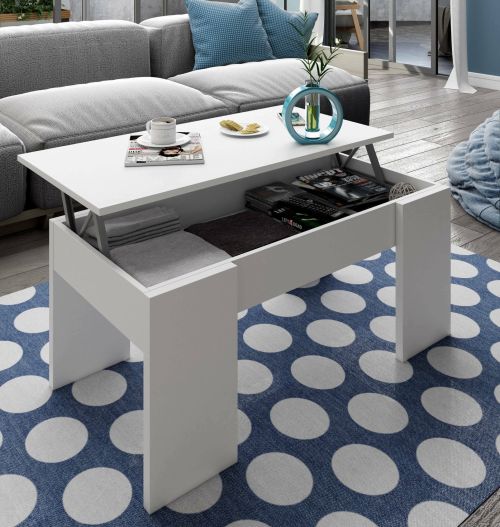 Tavolino da salotto Oceanside, Tavolino da caffè con piano elevabile, Tavolo basso da soggiorno, 100x50h45-56 cm, Bianco lucido