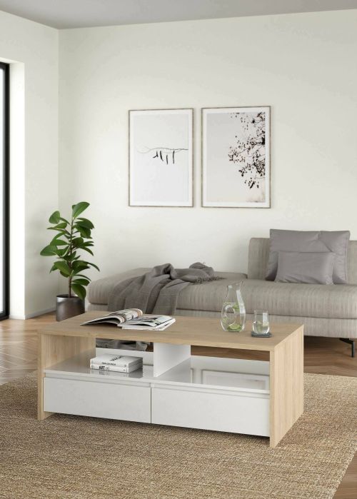 Tavolino da salotto Octavia, Tavolo basso da caffè, Portariviste per divano, Ripiano da soggiorno, 60x120 h46 cm, Rovere e Bianco