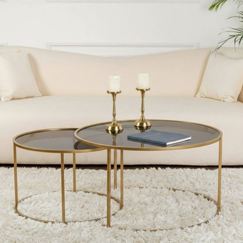Tavolino da Salotto oro Bronzo set di 2 Tavolini Forma Circolare 80x80x43h cm, Materiale Struttura in Vetro - Aedion