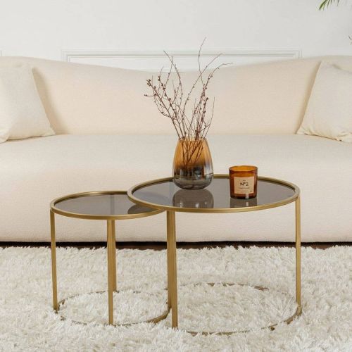 Tavolino da Salotto oro Bronzo set di 2 Tavolini Forma Rotondo 60x60x43h cm, Materiale Struttura in Vetro - Xaden